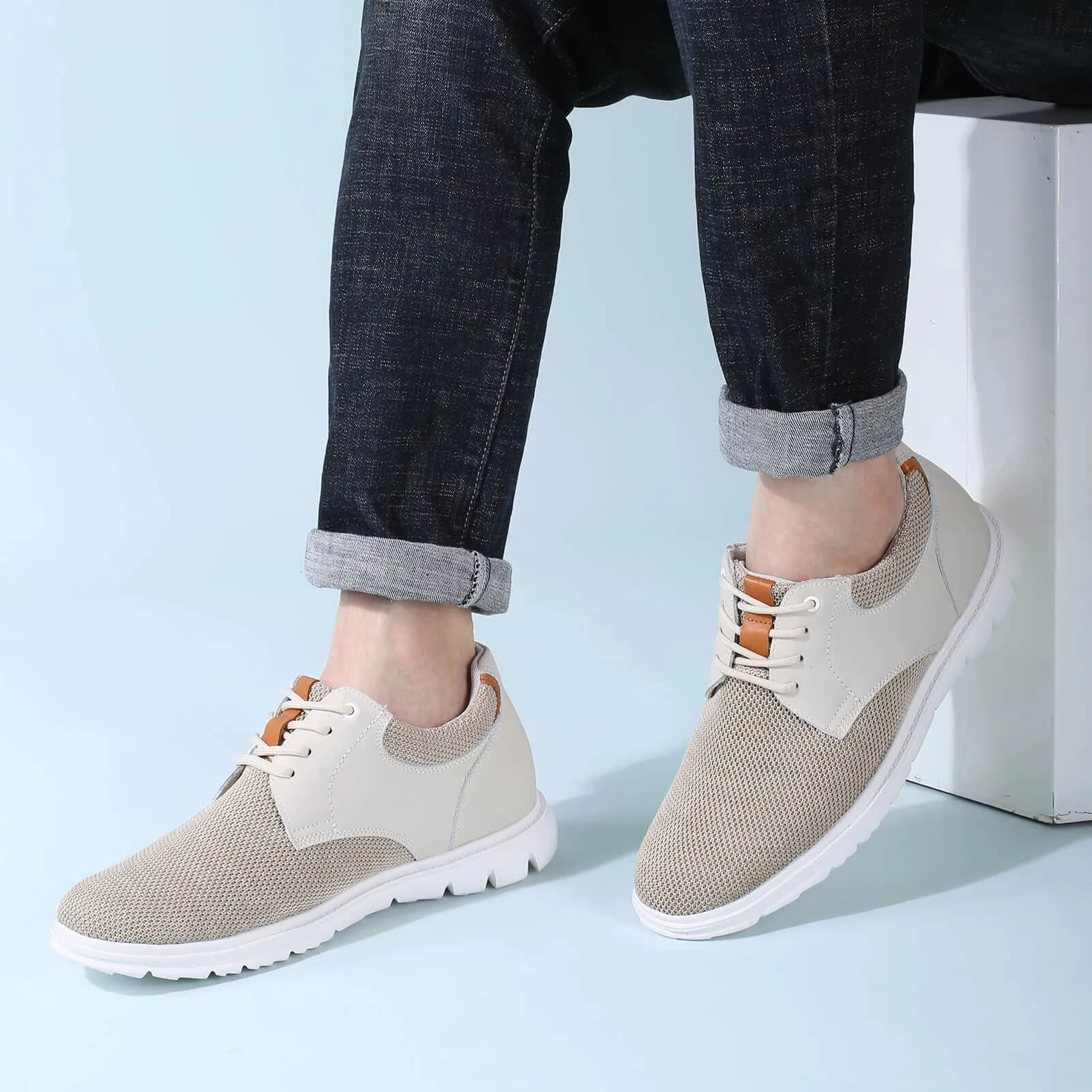 7CM / 2.76 Inches CMR CHAMARIPA Men's Elevator Shoes Beige Knit Casual Shoes