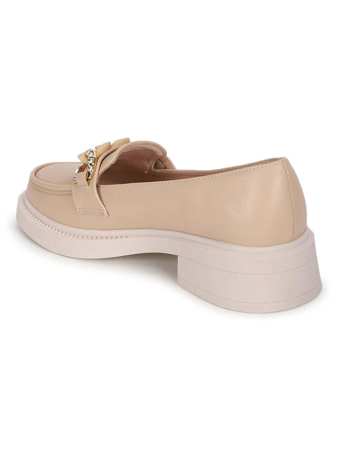 Beige PU Embellished Slip-On Heel Loafers (TC-RS3589-BEIG)