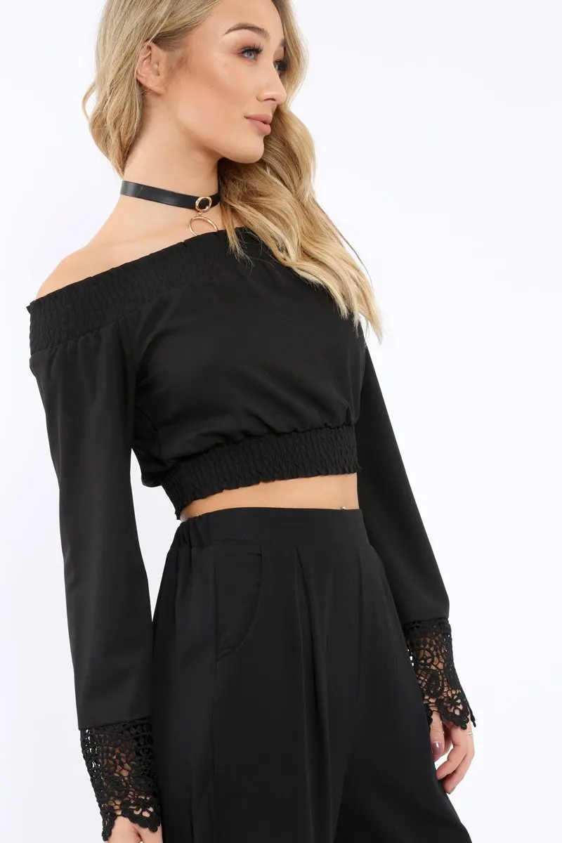 Black Bardot Top with Crochet Sleeve Trim - Evannah