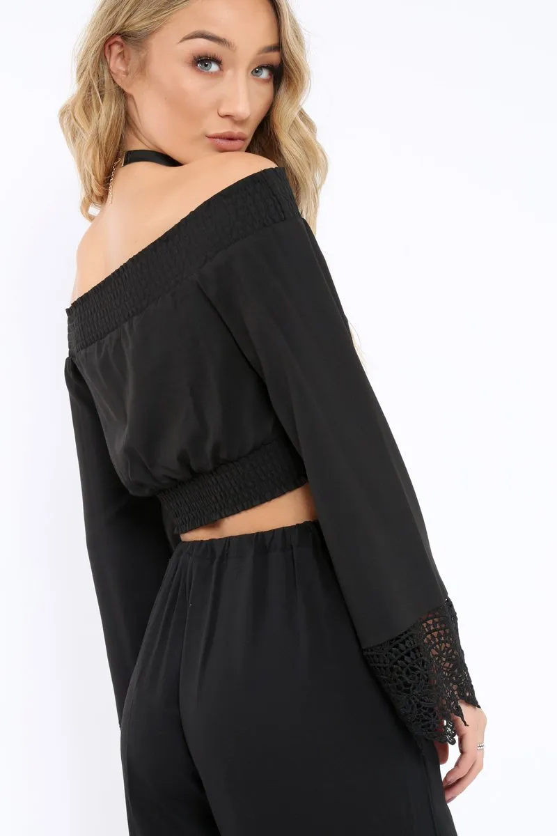 Black Bardot Top with Crochet Sleeve Trim - Evannah