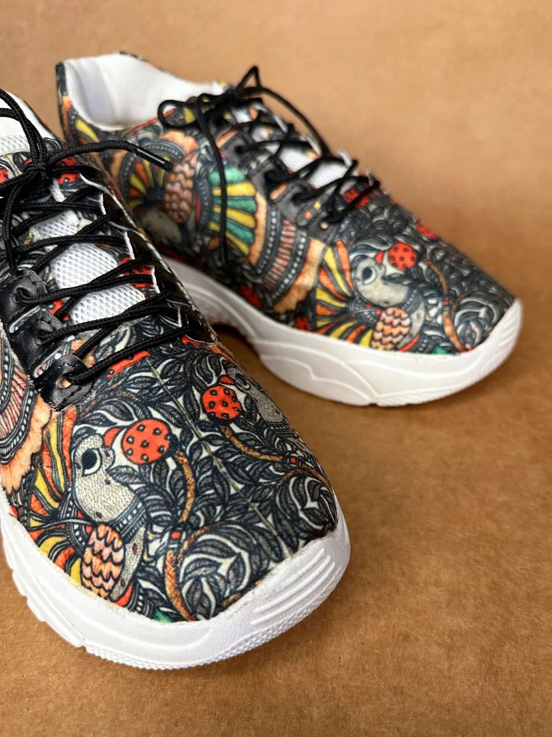 Black Madhubani Art Printed Sneakers