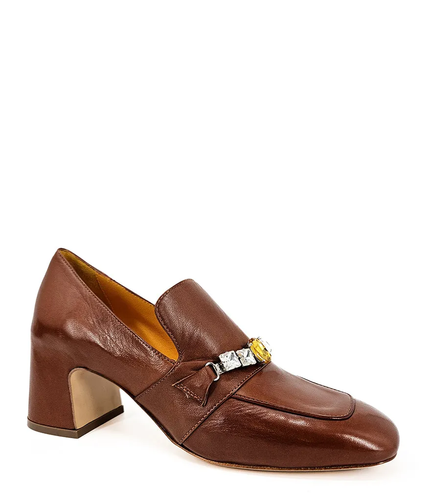 Cognac Leather Mid Heel Jeweled Loafer