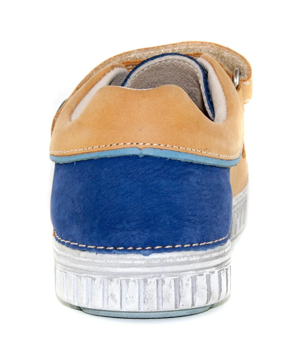 D.D. Step Big Kid Boy Shoes Sandy Brown With Blue Heel - Supportive Leather From Europe Kids Orthopedic