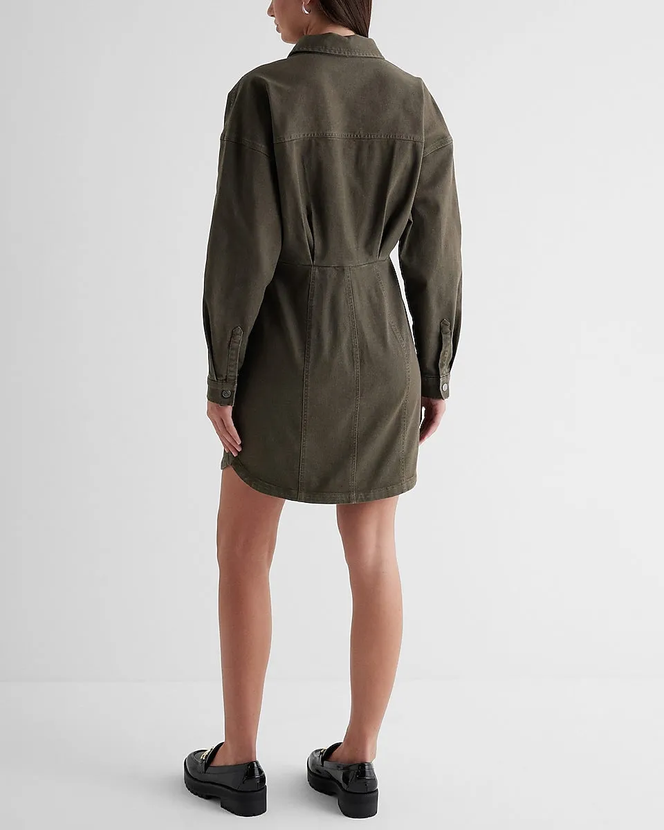 Denim Fitted Mini Shirt Dress in Olive Green