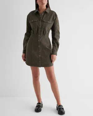 Denim Fitted Mini Shirt Dress in Olive Green