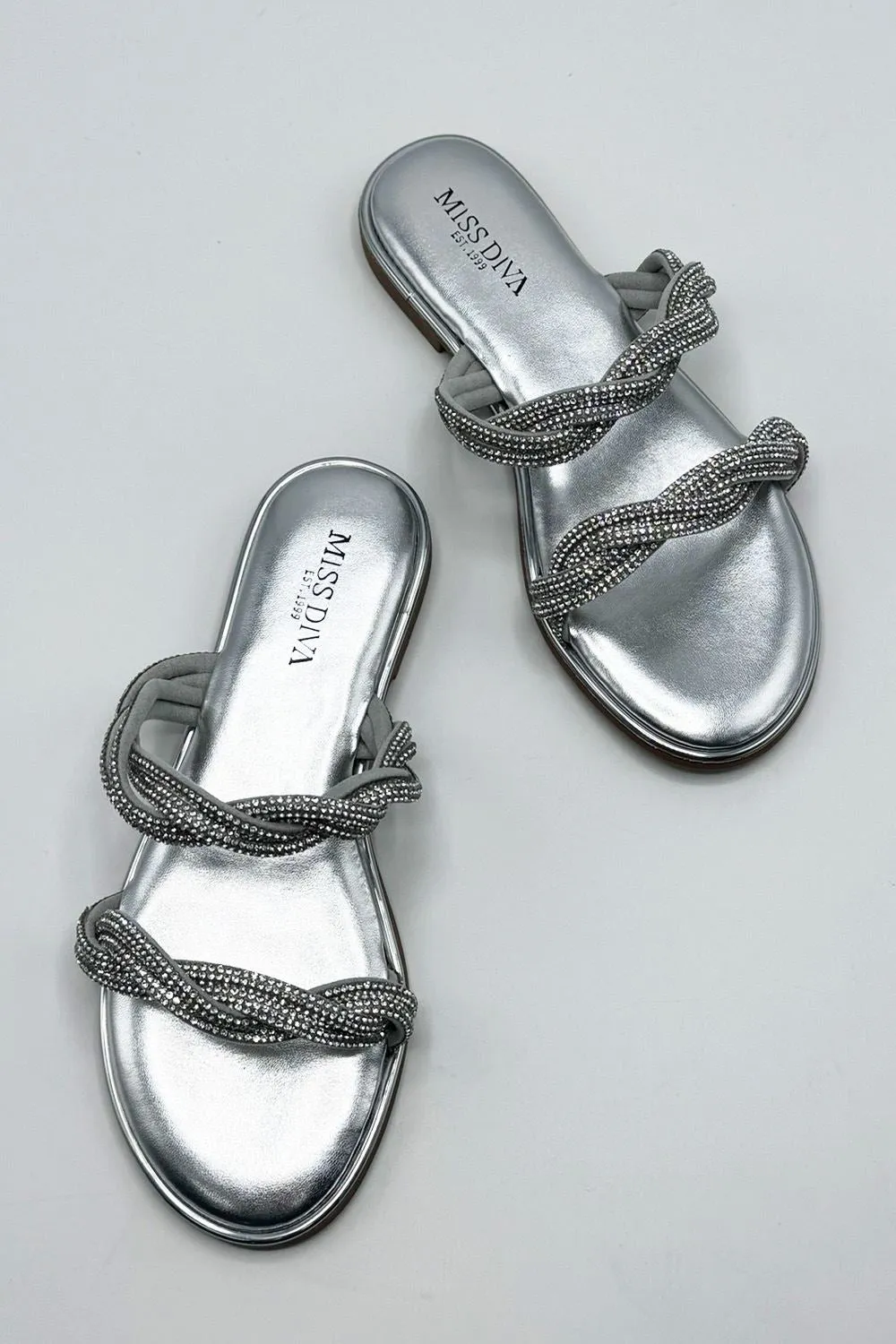 Eldoria Diamante Plaited 2 Strap Sliders in Silver