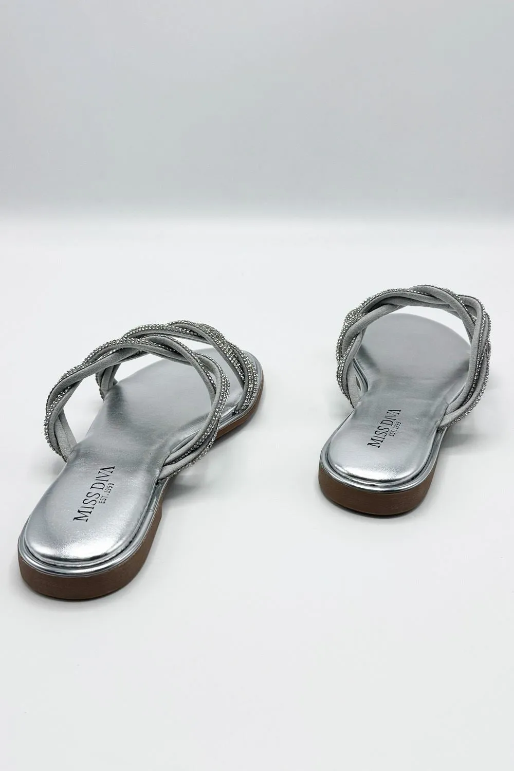 Eldoria Diamante Plaited 2 Strap Sliders in Silver