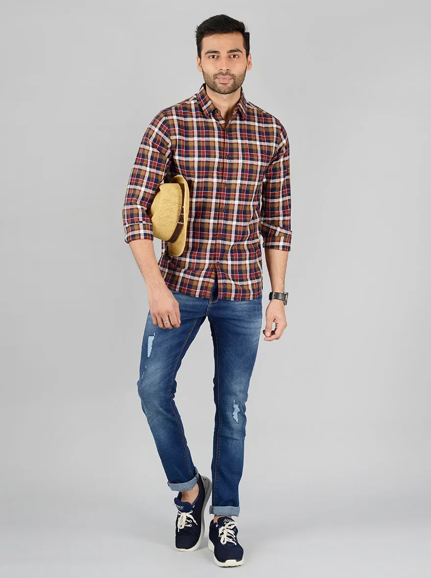 Ermine Brown Checked Slim Fit Casual Shirt | Greenfibre