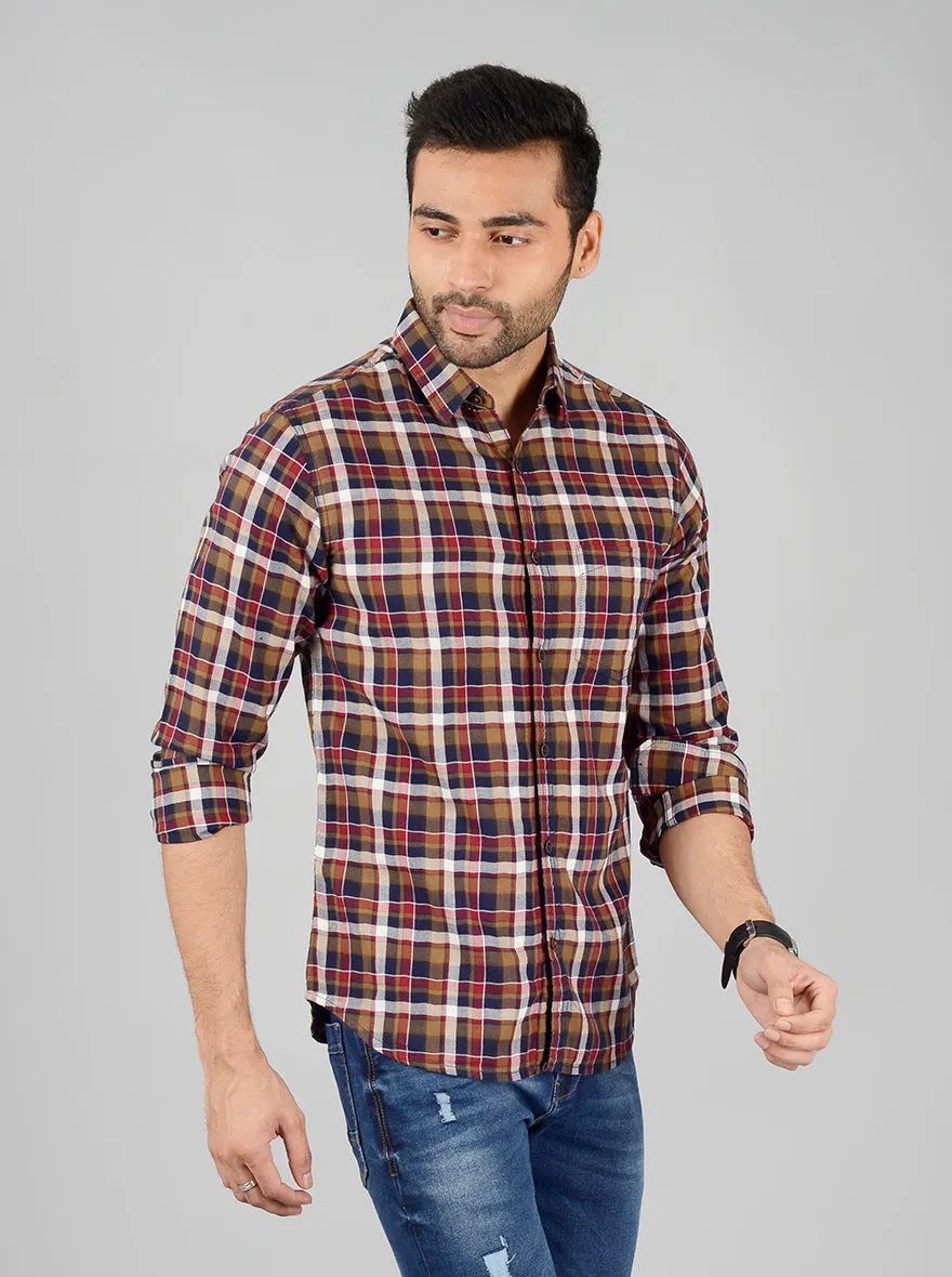 Ermine Brown Checked Slim Fit Casual Shirt | Greenfibre