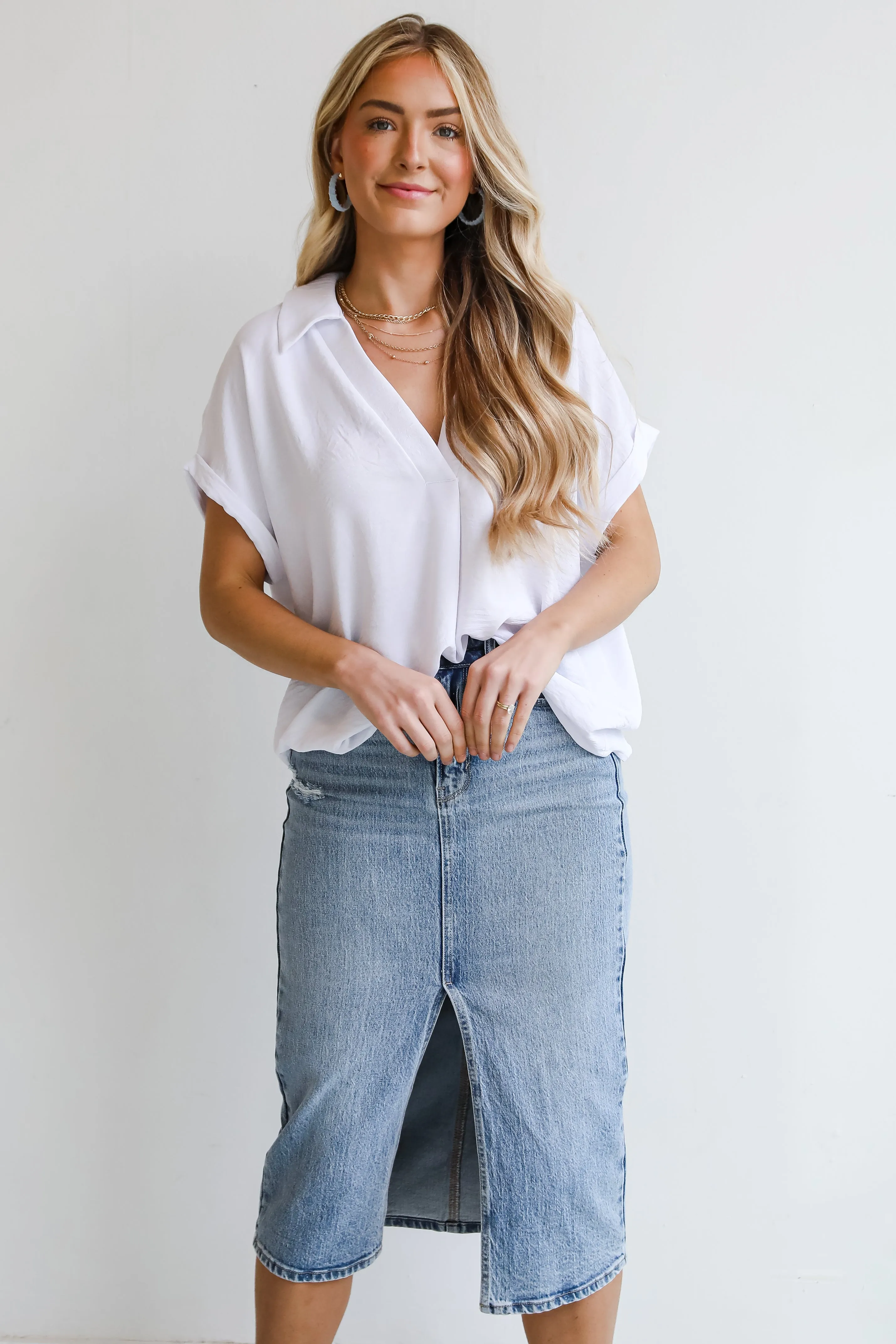 FINAL SALE - Make It Easy Medium Wash Denim Midi Skirt