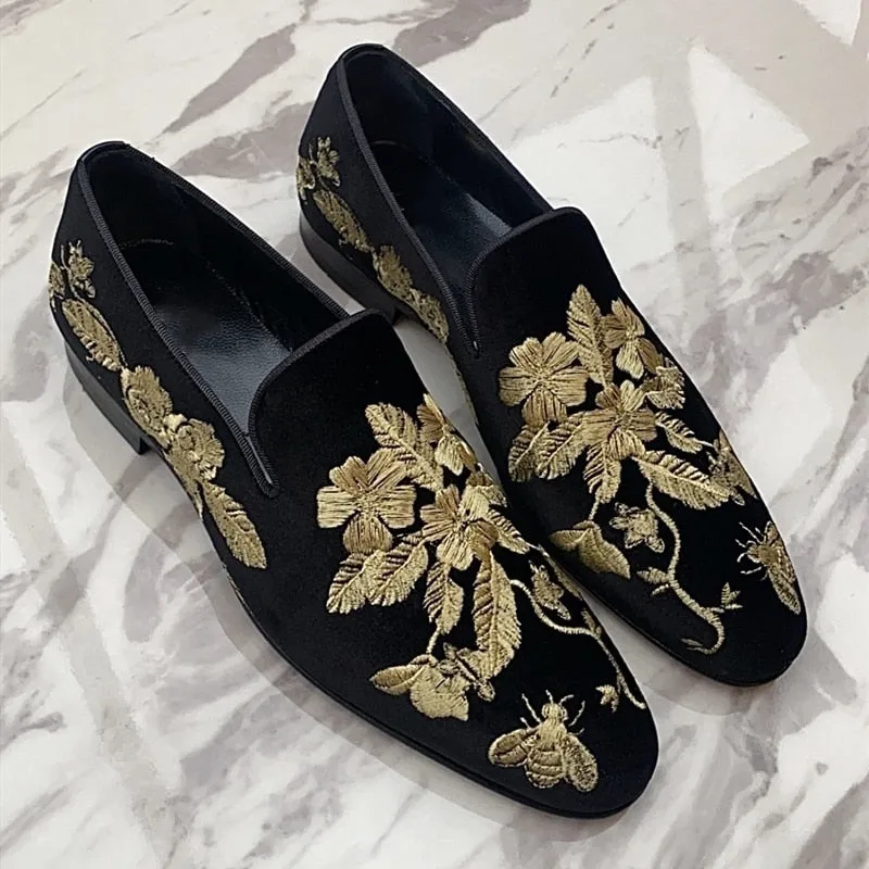 Floral Embroidery Black Flock Loafers