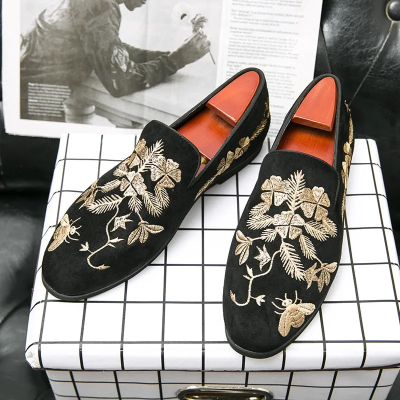 Floral Embroidery Black Flock Loafers