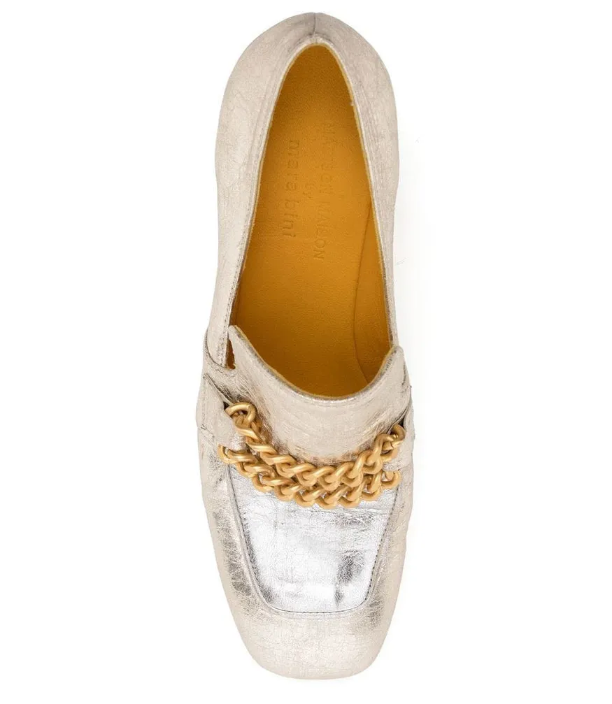 Gold/Silver Leather Mid Heel Loafer W/Chain