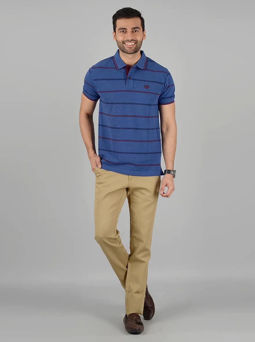 Navy Blue Striped Slim Fit Polo T-Shirt | Greenfibre