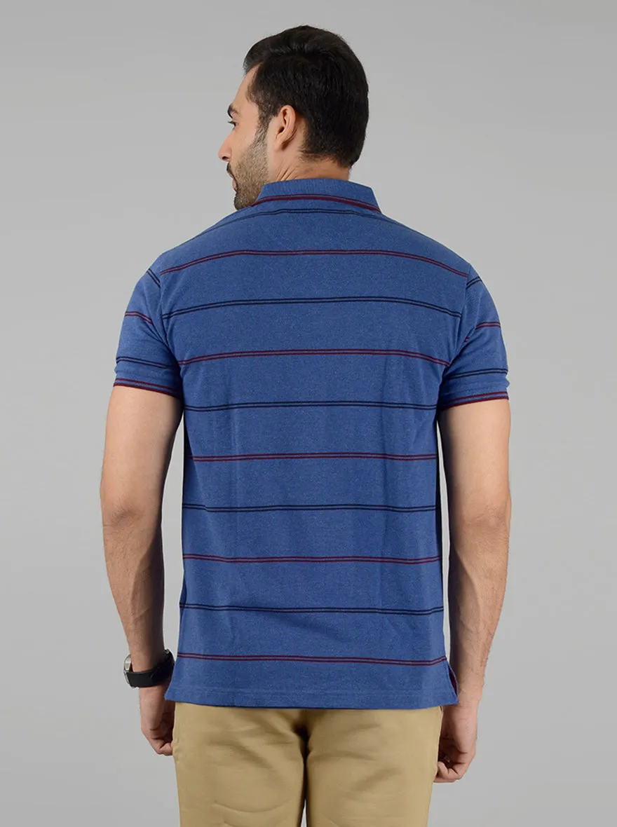 Navy Blue Striped Slim Fit Polo T-Shirt | Greenfibre