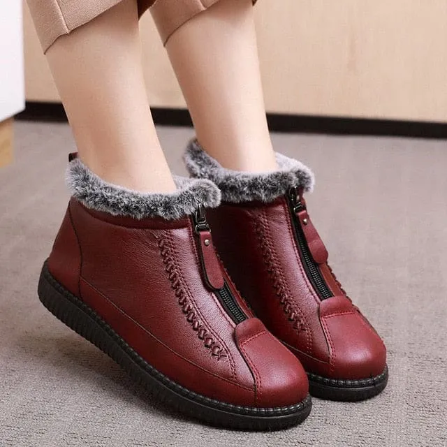 New Leather Waterproof Velvet Warm Lightweight Women Snow Boots