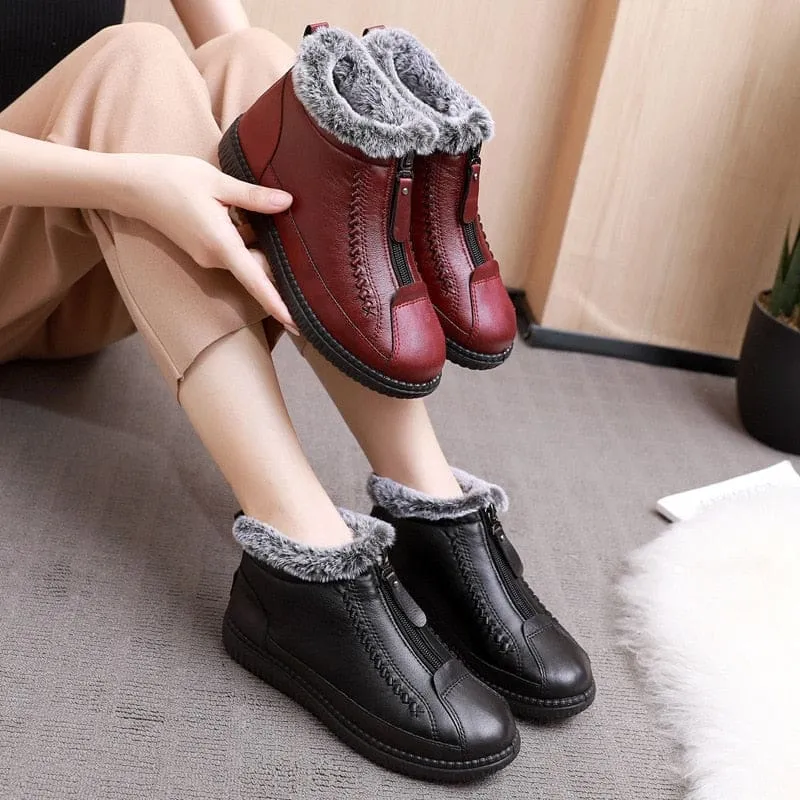 New Leather Waterproof Velvet Warm Lightweight Women Snow Boots