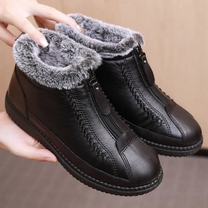 New Leather Waterproof Velvet Warm Lightweight Women Snow Boots