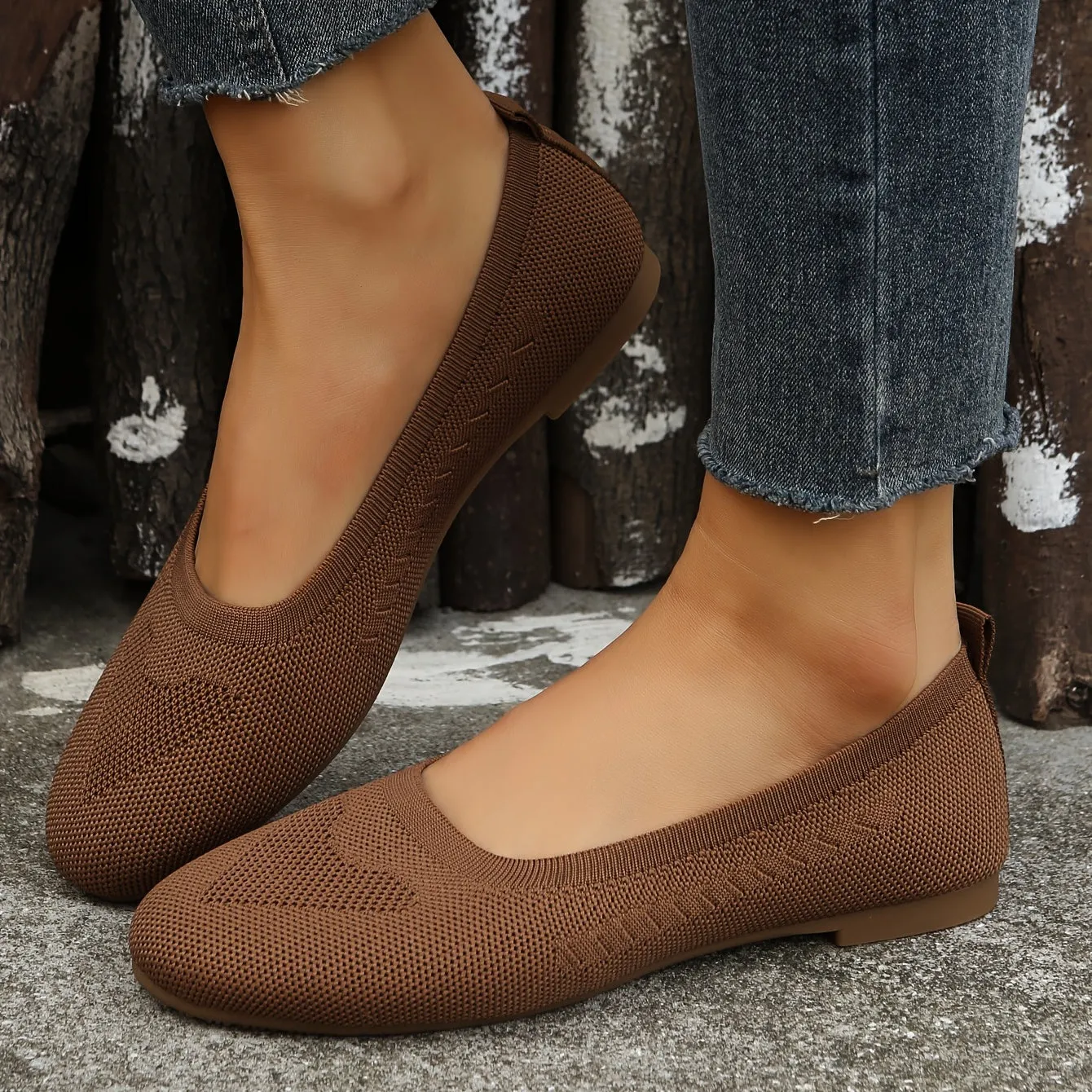 Women's Knitted Ballet Flats Lightweight Breathable Solid Color Slip Casual Walking Shoes